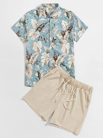 Royaura Hawaiian Tropical Floral Print Men's Button Pocket Two-Piece Short Sleeve Shirt And Shorts Set