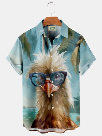 Royaura Hawaiian Oil Painting Fun Chicken Print Pocket Short Sleeve Shirt