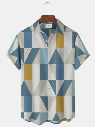 Royaura Geometric Casual Basics Print Beach Men's Hawaiian Oversized Shirt with Pocket