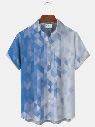 Royaura Retro geometric color block 3D printing men's button pocket shirt