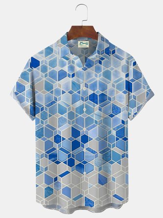 Royaura Vintage Geometric Color Block Print Men's Button Pocket Shirt