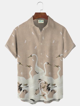 Royaura Vintage Japanese Crane Print Beach Men's Hawaiian Oversized Shirt With Pocket