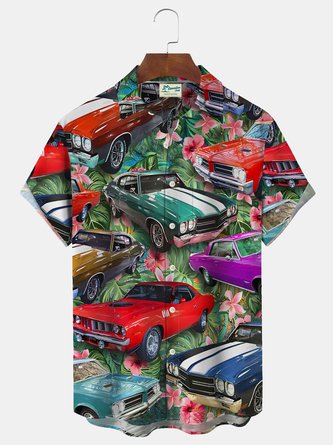 Royaura Hawaiian Tropical Flora Car Print Men's Button Pocket Shirt