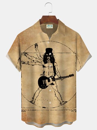 Royaura Vintage 60s Musician Musical Instrument Print Men's Button Pocket Shirt