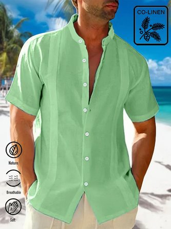 Royaura Men's Basic Casual Cotton Linen Breathable Stand Collar Short Sleeve Shirt