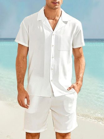Royaura Basic Men's Button Pocket Two-piece Short Sleeve Shirt  And Shorts Set
