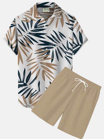 Royaura Hawaiian Plant Leaf Print Men's Button Pocket Shirt And Shorts Set