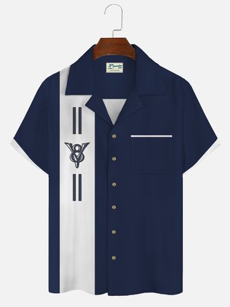 Royaura 50's Retro Garage V8 Blue Men's Bowling Shirts Wrinkle Free Plus Size Camp Pocket Shirts