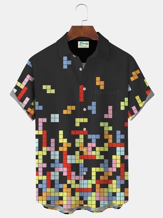 Royaura Tetris Fun Game Print Men's Stand Collar Button Pocket Shirt