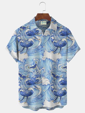 Royaura Nautical Whale Print Beach Men's Hawaiian Oversized Shirt with Pockets