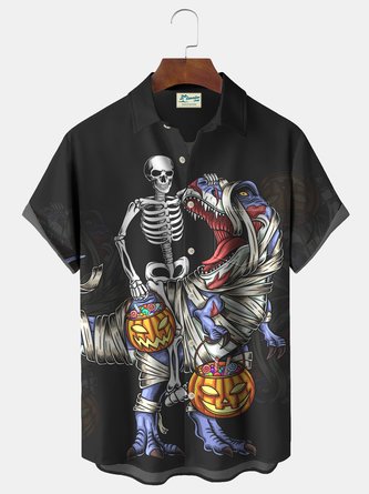 Royaura Halloween Dinosaur Skull Pumpkin Print Beach Men's Hawaiian Oversized Pocket Shirt