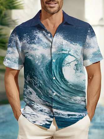 Royaura Wave Print Beach Men's Hawaiian Oversized Shirt with Pockets