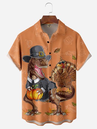 Royaura Thanksgiving Dinosaur Turkey Chest Pocket Short Sleeve Shirt