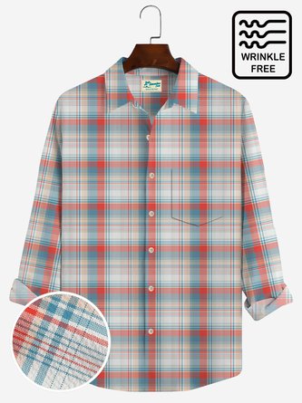 Royaura Vacation Casual Red Men's Seersucker Plaid Long Sleeve Shirts Wrinkle-Free Stretch Large Size Camp Pocket Shirts