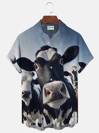 Royaura Holiday Casual Fun Cartoon Cow Men's Hawaiian Shirts Stretch Plus Size Aloha Camp Pocket Shirts