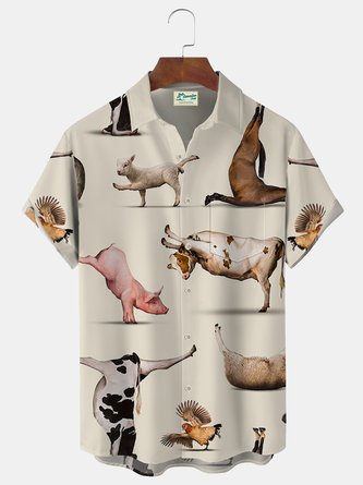Royaura Animal Rooster Pig Funny Print Beach Men's Hawaiian Oversized Shirt With Pocket