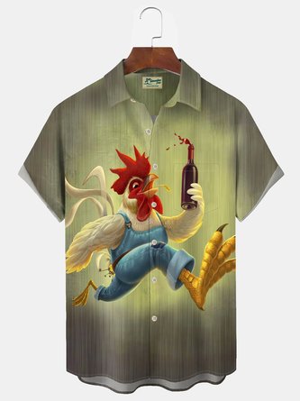 Royaura Vintage Beer Rooster Print Men's Button Pocket Shirt