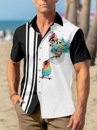 Royaura Men's Music Bird Watercolor Print Casual Short Sleeve Hawaiian Shirt