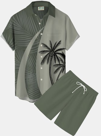 Royaura Hawaiian Coconut Tree Print Men's Button Pocket Two-Piece Short Sleeve Shirt And Shorts Set