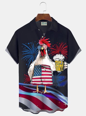 Royaura Vintage Rooster Flag Print Men's Button Pocket Shirt