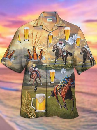 Royaura Race Beer Print Camp Collar Beach Men's Hawaiian Oversized Short Sleeve Shirt with Pockets