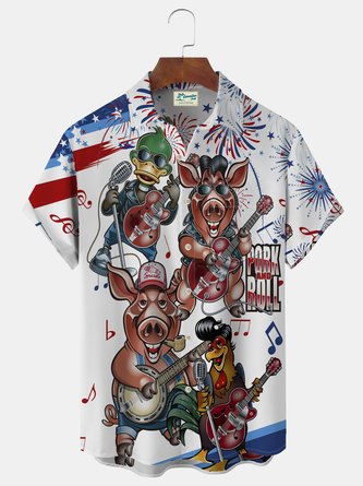 Royaura Pig Chicken Rock American Flag BBQ printed chest pocket casual shirt oversized holiday shirt