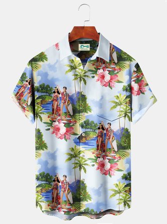 LA Leela Men's Aloha Hawaiian Shirt - Ivory With Hula Dancer Print, Lightweight Breathable Fabric, Size Medium - View #13