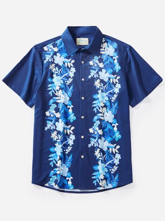Royaura Beach Holiday Casual Deep Blue Men's Guayabera Cool Ice Shirts Floral Sweat-wicking Hawaiian Pocket Camp Shirts