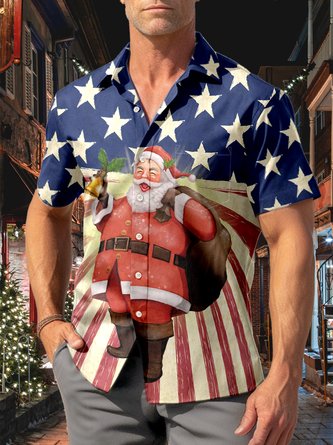 Royaura Santa Christmas Santa America  Print Beach Men's Hawaiian Oversized Shirt with Pockets