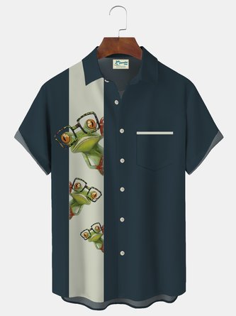 Royaura Frog Casual Bowling Shirt with Glasses Print  Men's Oversized Shirt with Pockets