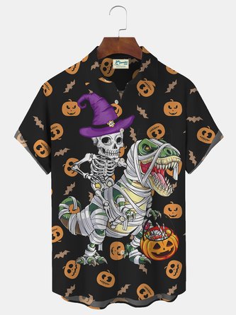 Royaura Halloween Pumpkin Dinosaur Skull Print Beach Men's Hawaiian Oversized Short Sleeve Shirt with Pockets