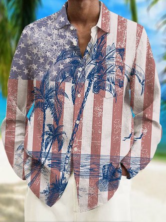 Royaura Hawaiian Coconut Tree Flag Print Men's Button Pocket Long Sleeve Shirt