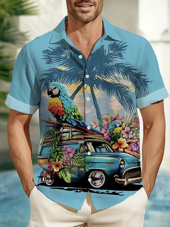 Royaura Parrot Coconut Tree Classic Car Print Beach Men's Hawaiian Oversized Shirt with Pockets