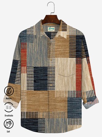Royaura 50's Retro Mid-Century Geometric Khaki Art Men's Casual Long Sleeve Shirts Aloha Camp Pocket Shirt Tops
