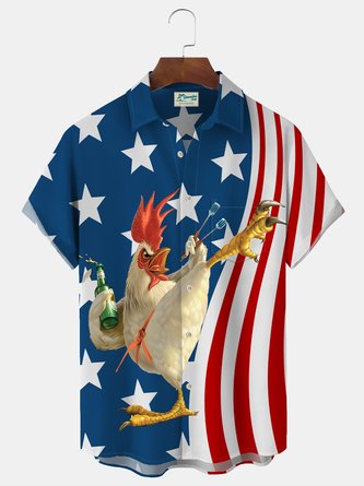 Royaura Vintage Kung Fu Chicken Flag Print Men's Button Pocket Shirt