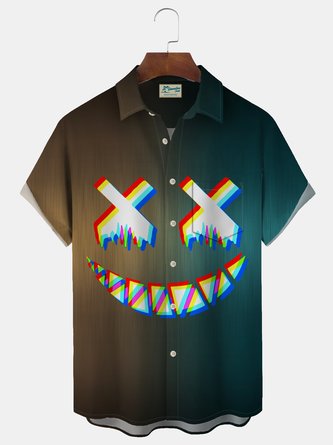 Royaura Vintage Gradient Smiley Print Men's Button Down Pocket Short Sleeve Shirt