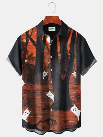 Royaura Vintage Halloween Holiday Men's Shirts Castle Forest Cartoon Ghost Art Stretch Plus Size Aloha Camp Shirts