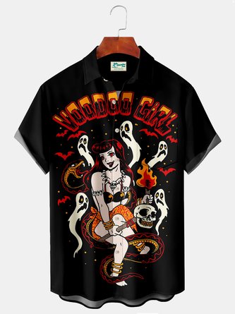 Royaura Vintage Halloween Holiday Men's Shirts Cartoon Witch Ghost Pinup Girl Art Stretch Plus Size Aloha Camp Shirts