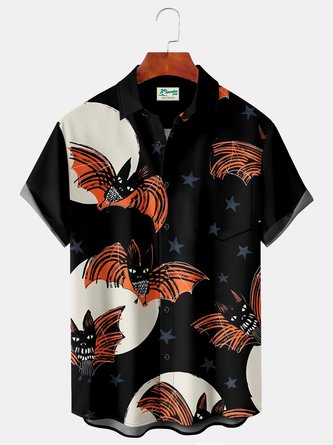 Royaura Vintage Halloween Holiday Men's Shirts Cartoon Bat Art Stretch Plus Size Aloha Camp Shirts