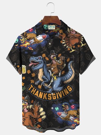 Royaura Vintage Thanksgiving Turkey Print Beach Men's Hawaiian Oversized Short Sleeve Shirt with Pockets