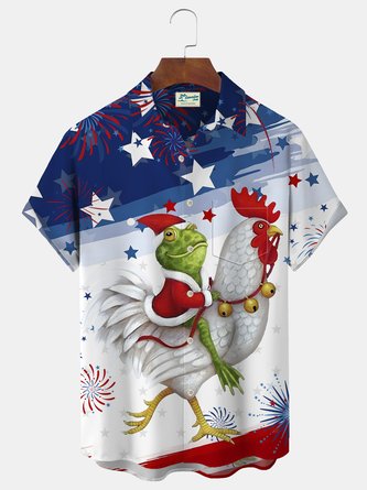 Royaura Flag Christmas Rooster Print Beach Men's Hawaiian Oversized Short Sleeve Shirt with Pockets