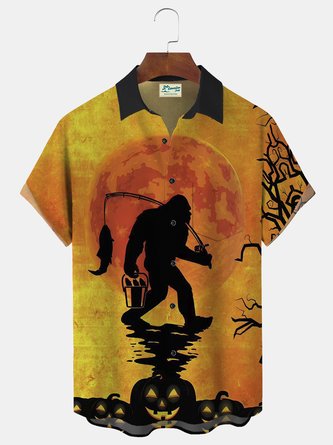 Royaura Big Foot Has Been Ready For Halloween Print Beach Men's Hawaiian Oversized Shirt with Pockets