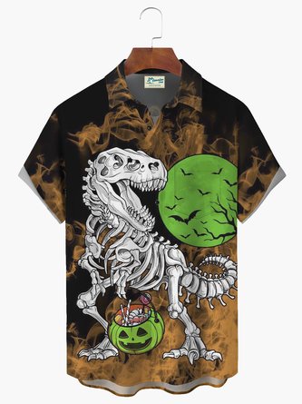Royaura Halloween Dinosaur Print  Men's Hawaiian Oversized Shirt with Pockets