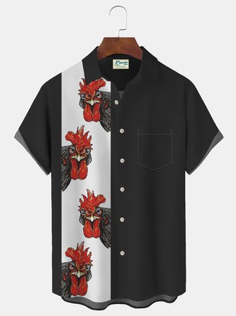 Royaura Vintage Bowling Rooster Print Beach Men's Hawaiian Oversized Short Sleeve Shirt with Pockets