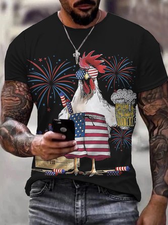 Royaura American Flag Rooster Print Beach Men's Hawaiian Oversized Short Sleeve T-Shirt