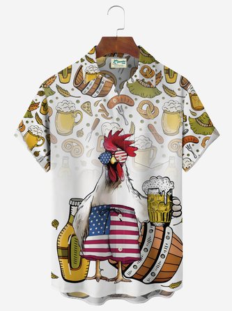 Royaura Chicken Drinking Beer US Flag Rooster Print Men's Hawaiian Oversized Shirt with Pockets