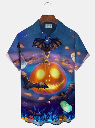 Royaura Halloween Pumpkin Bat Gradient Print Men's Button Pocket Short Sleeve Shirt