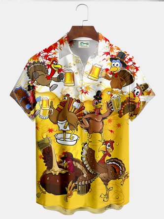 Royaura Thanksgiving Turkey With Beer Print Men's Hawaiian Oversized Shirt with Pockets