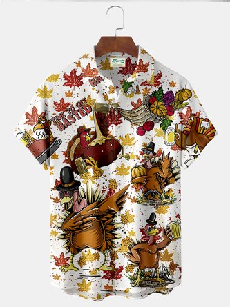 Royaura Thanksgiving Turkey Time To Get Basted Funny Beer Print  Men's Hawaiian Oversized Shirt with Pockets