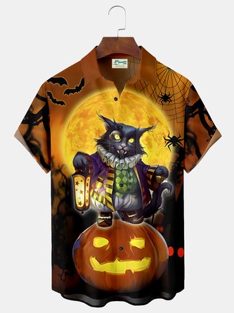 Royaura Halloween Black Cat  Print  Men's Hawaiian Oversized Shirt with Pockets